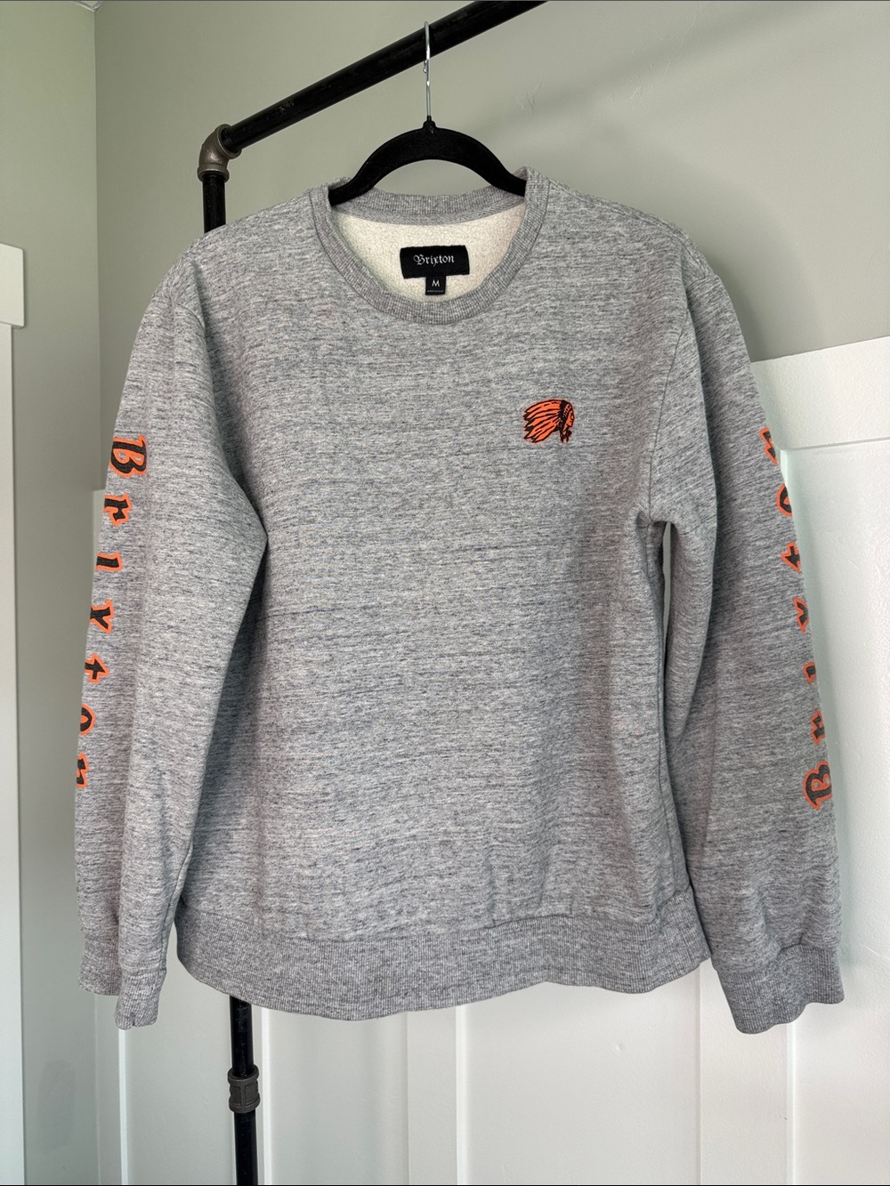Brixton Gray Crewneck Sweatshirt with Orange Sleeve Lettering